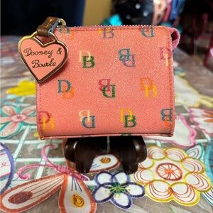 Vintage Dooney & Bourke Pink Multicolor Logo Zip Card Wallet